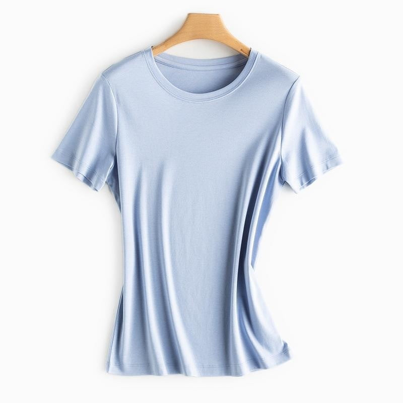Mulberry Silk Women's Mercerized Cotton T-shirt Fine Solid Color Round Neck Short Sleeves