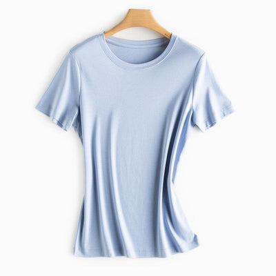 Mulberry Silk Women's Mercerized Cotton T-shirt Fine Solid Color Round Neck Short Sleeves