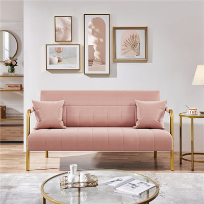 Costoffs Velvet Fabric Sofa Couch, 56.5″ W Modern Loveseat Couch with Gold-tone Metal Arms, Legs & 2 Pillows, Sofa for Living Room, Bedroom Furniture, Halloween Gift, Pink/Green/Gray