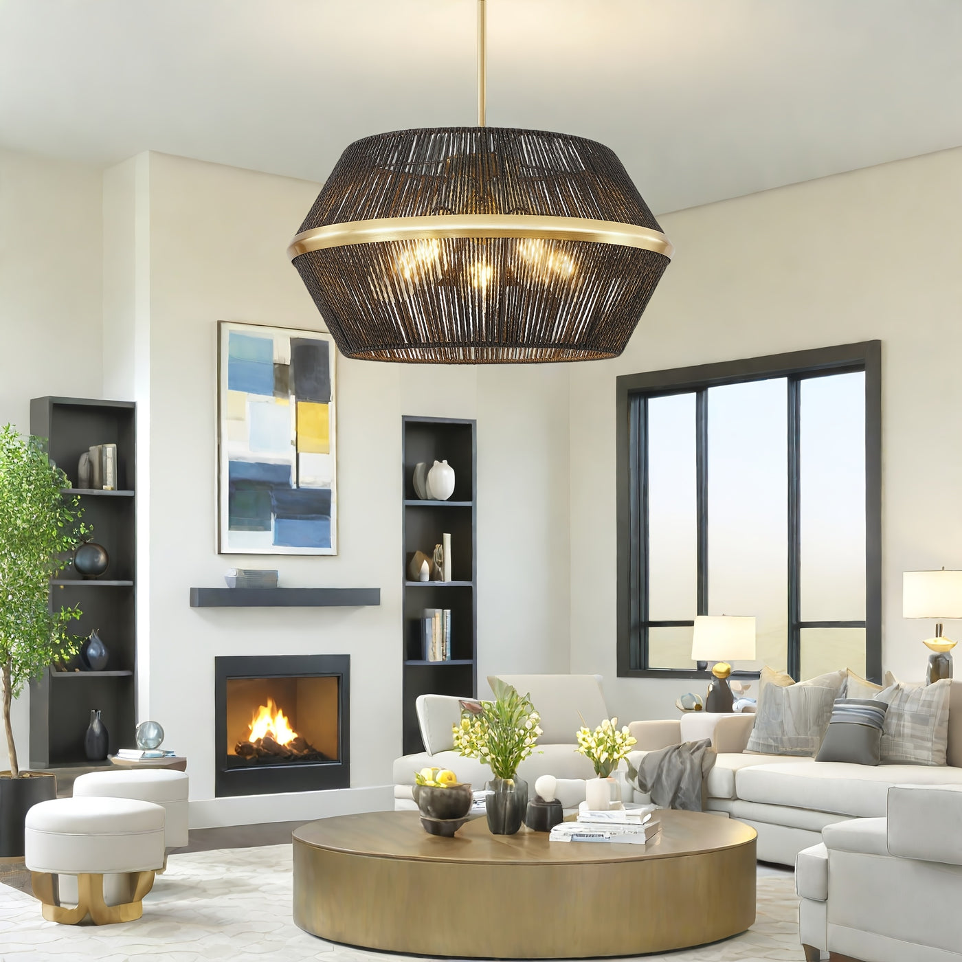 19" Adjustable Height 5-Light Black Rattan Farmhouse Chandelier - Hand-Woven Boho Pendant Light Fixture for High Ceilings, Rustic Dining Room & Kitchen, Easy Install with Hardware Included