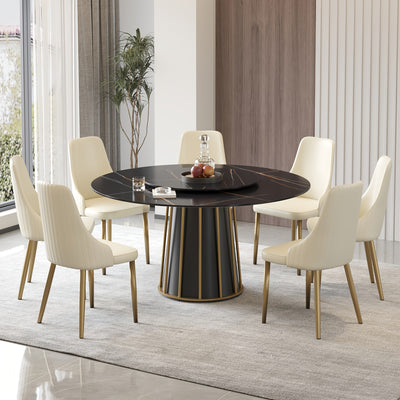 Round Dining Table - Marble Dining Room Table Round Kitchen Table for 4 to 6 (Dining Table Only, Chairs Not Included), Glossy Sintered Stone Tabletop with Metal Base Circle Dining Table for Kitchen