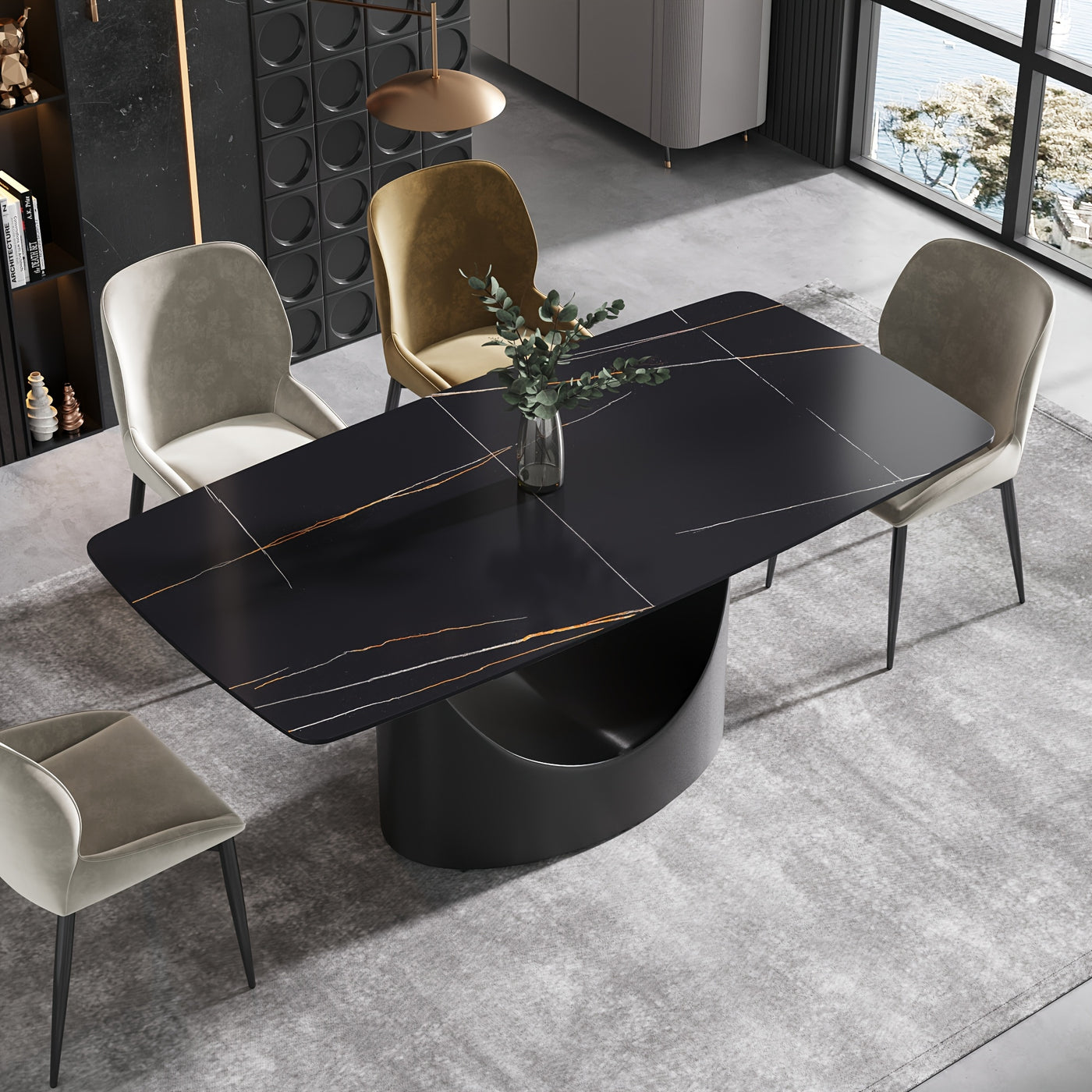 Modern Rectangle Marble Dining Table(Dining Table Only, Chairs Not Included), Marble Sintered Stone Top Dining Table, Rectangle Dining Room Table With Unique U-Shape Carbon Steel Pedestal For Kitchen/Living Room