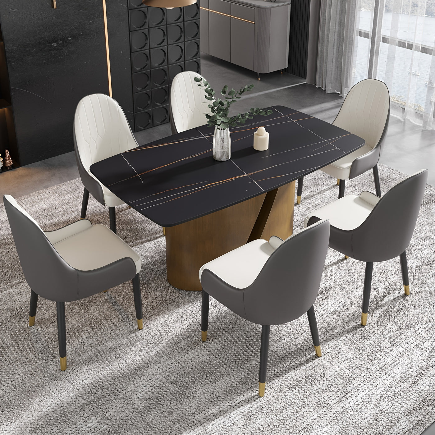 Modern Marble Dining Table for 6-8(Chairs Not Included), 63" White Rectangle Dining Table, Luxury Sintered Stone Dining Tabletop with Bronze Carbon Steel Pedestal Dinner Table for Kitchen Dining Room