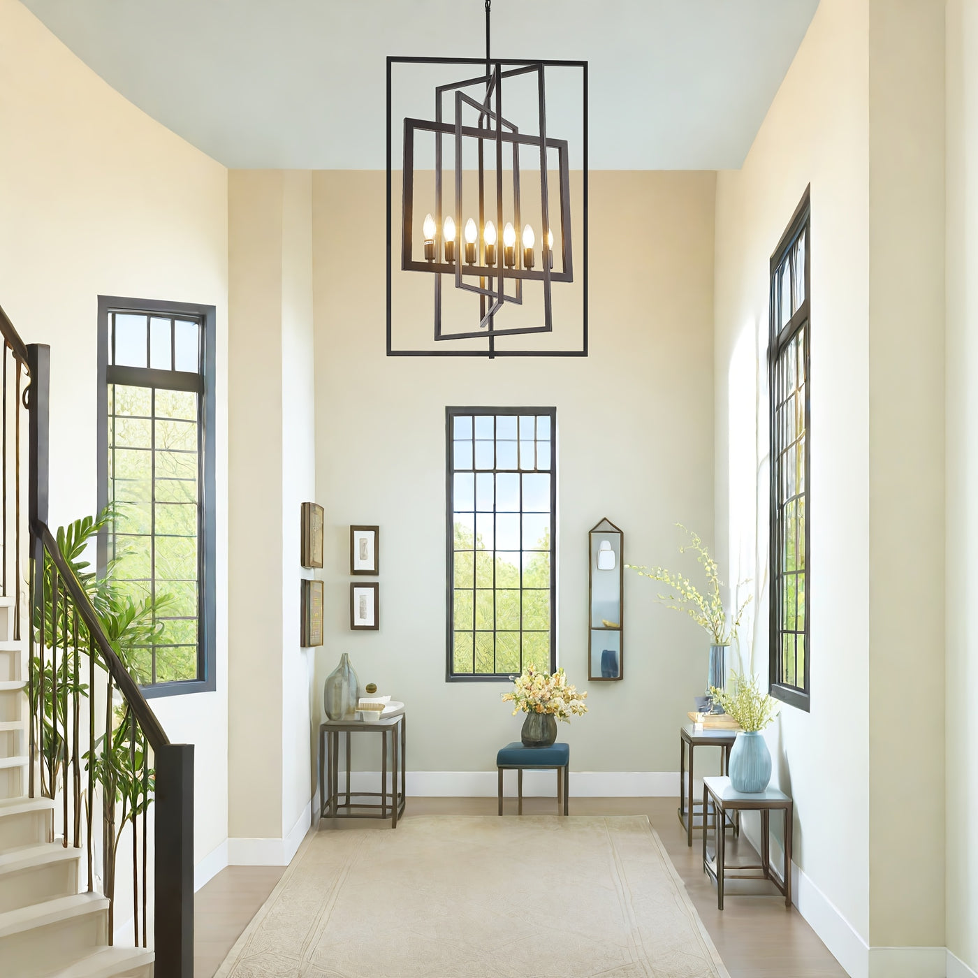Modern 7 Light Chandelier, 23 Inch Swivel Rectangular Pendant Light Rustic Industrial Farmhouse Foyer Lighting Fixture For High Ceilings For Kitchen Island, Stairs, Entryway