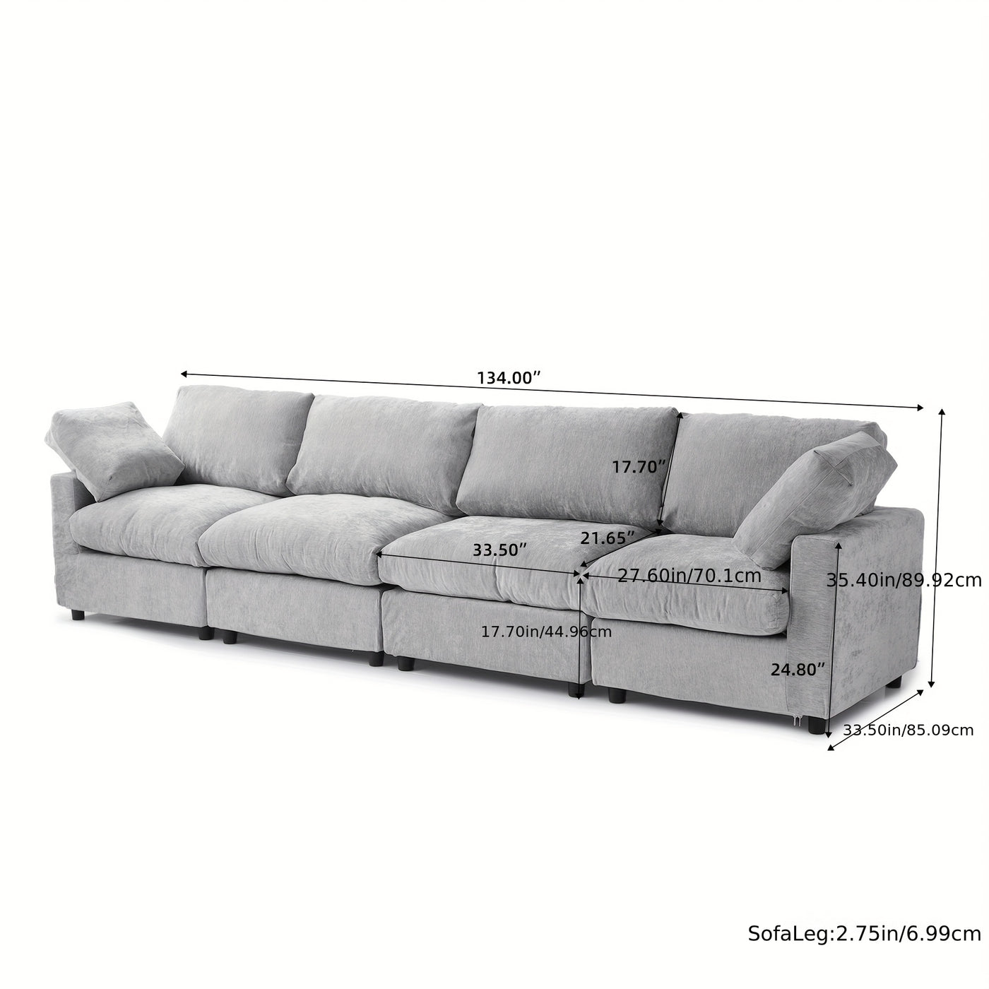 134" Extra Long Modular Sectional Sofa - 4-Seater Convertible L-Shaped Couch with Chaise Lounge, Washable Fabric Upholstery & Plush Cushions, Modern Minimalist Black Sectional Sofa for Large Living Room, Apartment, Open-Conce