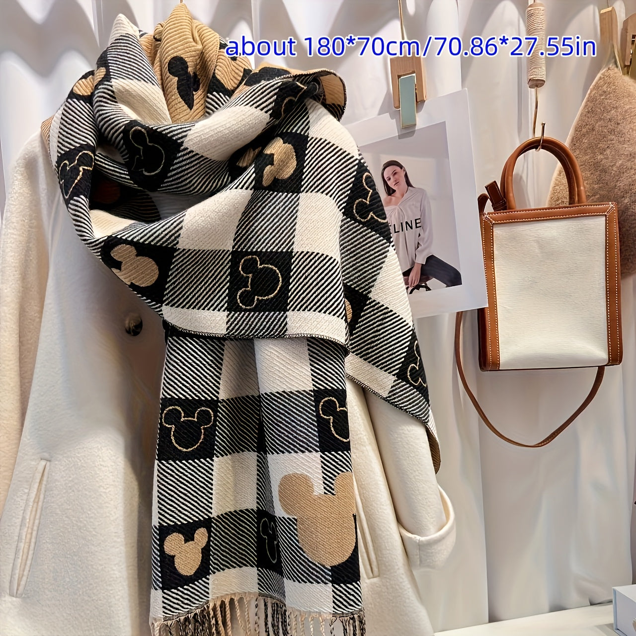 1pc Elegant Polyester Scarf for Women - Double-Sided Heart Check Pattern, Korean Tassel, Warm Shawl, Thick Versatile Wrap, Windproof, Decorative, Non-Elastic, Jacquard and Printed Design, Suitable for Mature Occasions