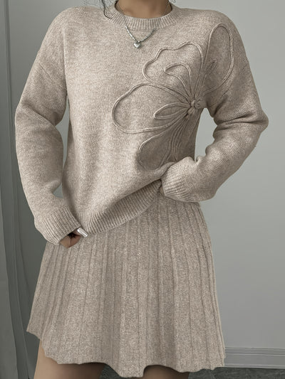2025 Autumn Winter New Two-Piece Solid Color Long Sleeve Embroidered Round Neck Pullover Sweater + Solid Color Pleated Skirt Nian Nian