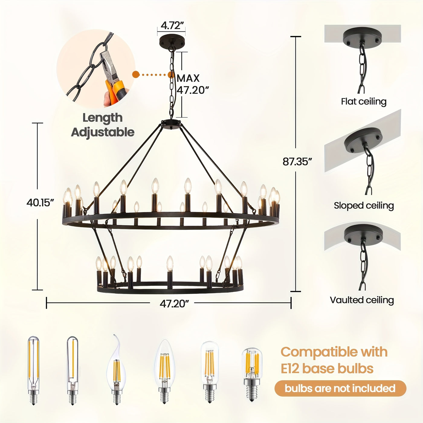 Modern Farmhouse Chandelier 2 Tier Round Wheel Chandelier Large High Ceiling Light.