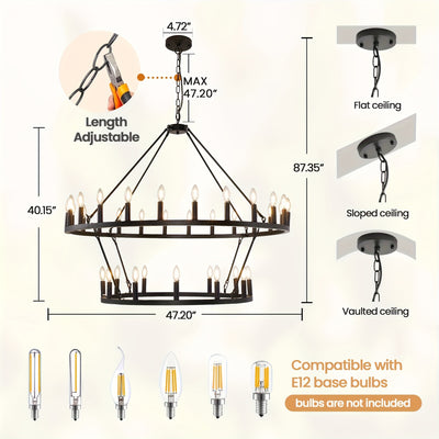 Modern Farmhouse Chandelier 2 Tier Round Wheel Chandelier Large High Ceiling Light.