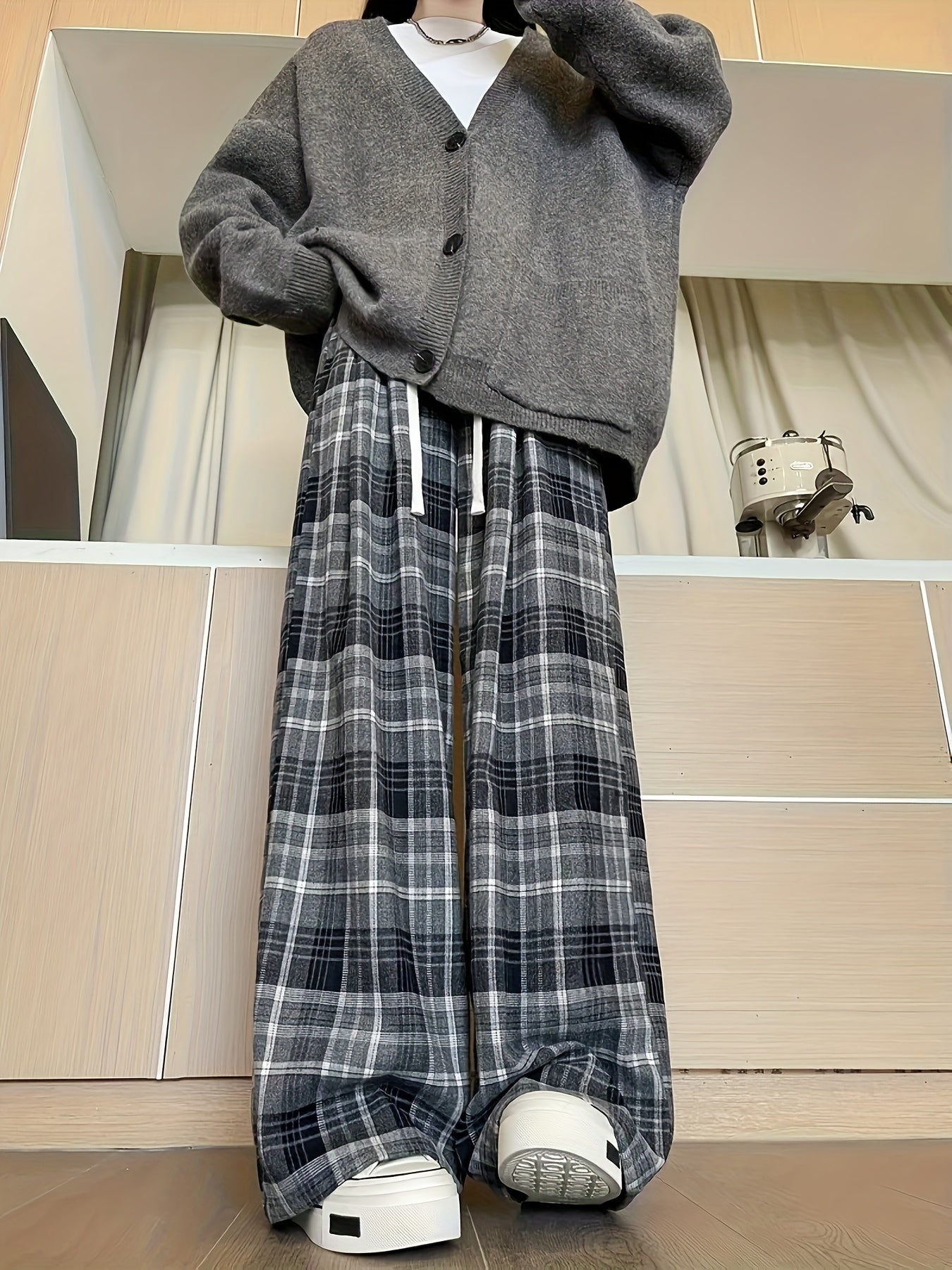 Women's Black & White Plaid Wide-Leg Pants - All-Season Loose Trousers with Drawstring Waist, Non-Transparent Casual Everyday & Formal Outfits, Machine Washable Elegant Pants for Women, Comfortable Clothing, Korean Fashion St