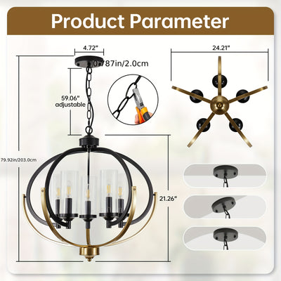 5-Light Black And Golden Chandelier, 24" Farmhouse Dining Room Light Fixture, Adjustable Hanging Ceiling Lantern Pendant Light, with Glass Shade Globe Chandeliers, for Kitchen, Bedroom, Foyer, Chandelier For Dining Room, Chan
