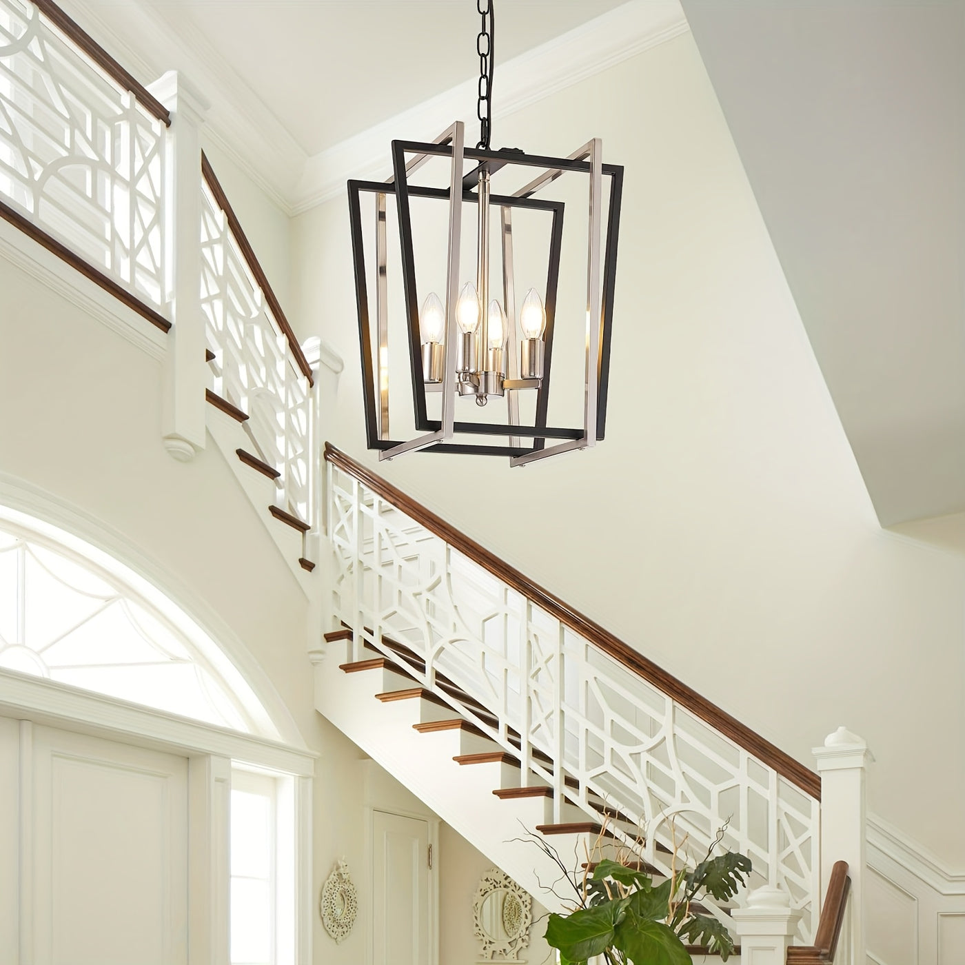4-Light Adjustable Height Chandelier, Modern Farmhouse Geometric Metal Pendant Light Fixture with Polished Golden Finish & Rust-Resistant Powder Coating, E12 Base for Kitchen Island, Entryway, Foyer, Dining Room, Chandeliers