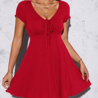 Elegant Women'S Summer Knit Dress - Slim Fit, V-Neck, Short Sleeve with Front Knot Detail, Black, Perfect for Casual or Stylish Outfits