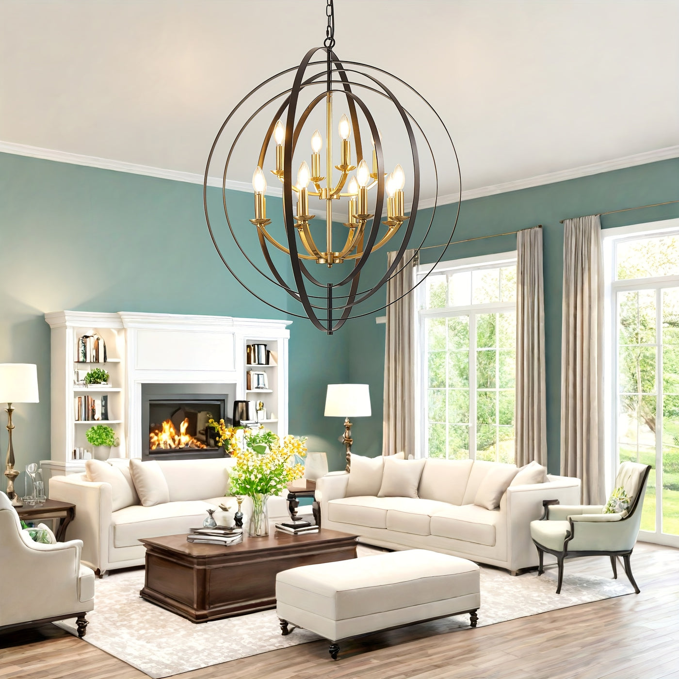 12-Light Modern Farmhouse Chandelier - 31.5" Black Round Pendant Light Fixture for High Ceilings, Adjustable Height (32"-90"), E12 Bulb Compatible, Entryway, Kitchen Island, Staircase & Foyer Lighting, Versatile Lighting Fixt