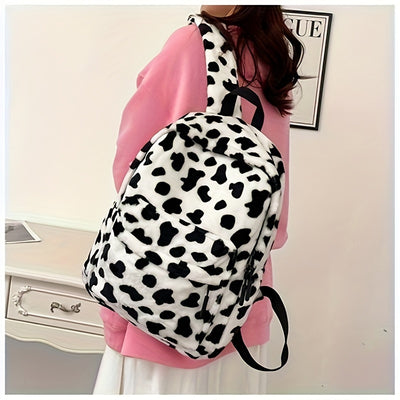Women'S Cow Print Fleece Backpack, Korean Style Casual Shoulder Bag, Polyester Lining, Adjustable Straps, Zip Closure, Lightweight, Random Print, Versatile for School & Outings