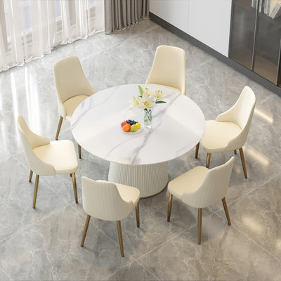 Round Dining Table For 6-8(Dining Table Only, Chairs Not Included), Marble Dining Room Table Round Kitchen Table, Glossy Sintered Stone Tabletop With Solid Metal Base, Circle Dining Table For Kitchen Dining Room Restaurant