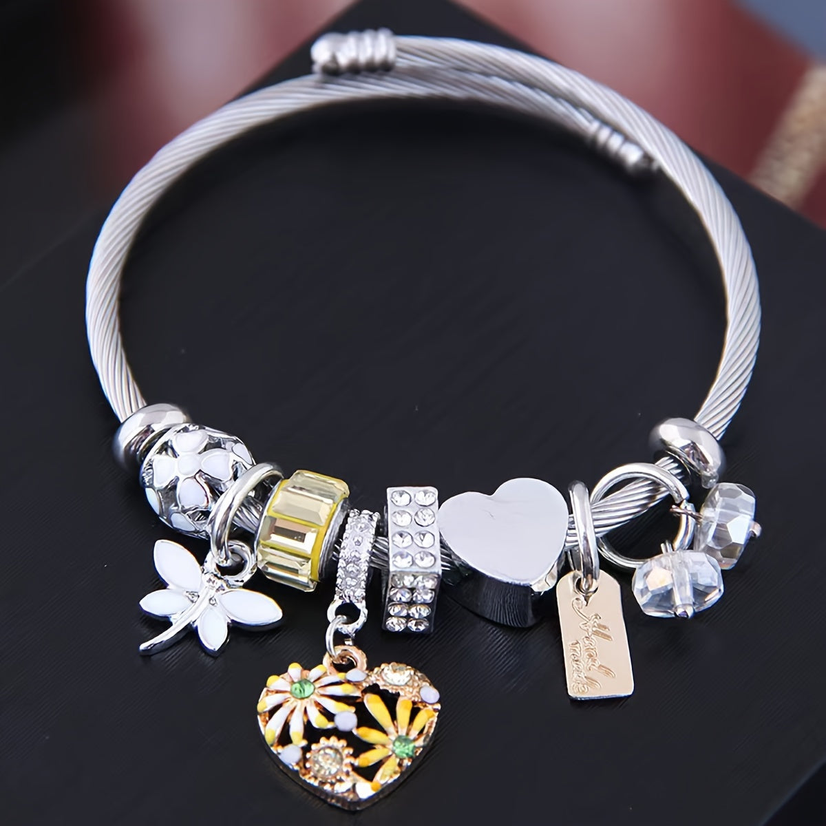 Elegant & Cute Daisy Heart Dragonfly Charm Bracelet, Korean Style Versatile BFF Bangle, Stainless Steel Cable Wristband, Choose Your Color