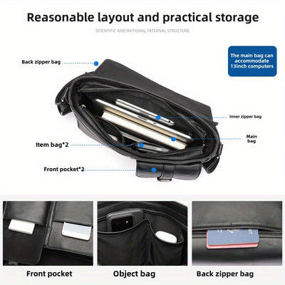 Genuine Leather Unisex Crossbody Messenger Bag - Sleek Minimalist Design with Adjustable Strap, Multiple Compartments & Metal Hardware, Black for Men & Women, Casual & Professional Use, Versatile Travel Purse | Korean Fashion