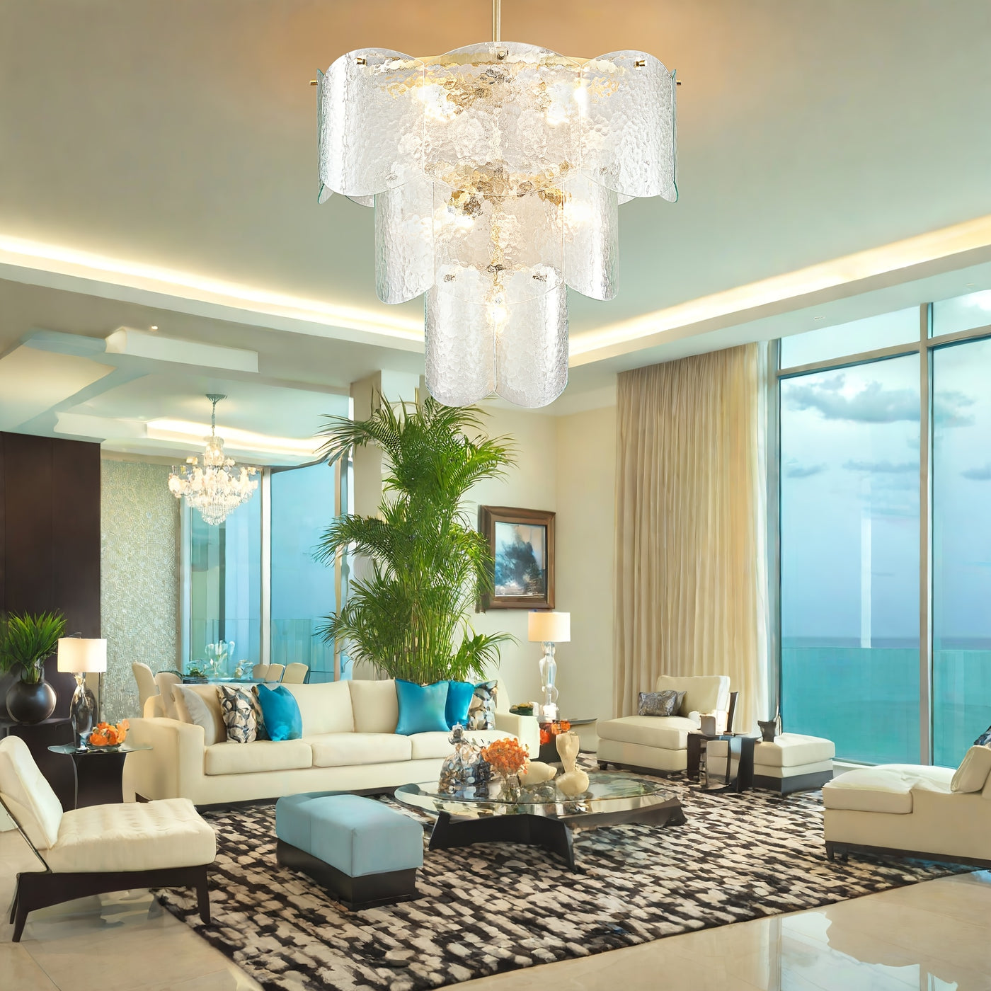 24" Modern Golden Chandelier with 8 Light Bulbs - Adjustable Round Glass Pendant for Dining Room, Kitchen Island, or Farmhouse Decor, Rustic Lighting Fixture with Polished Metal Finish, E12 Base, Compatible with LED/CFL Bulbs