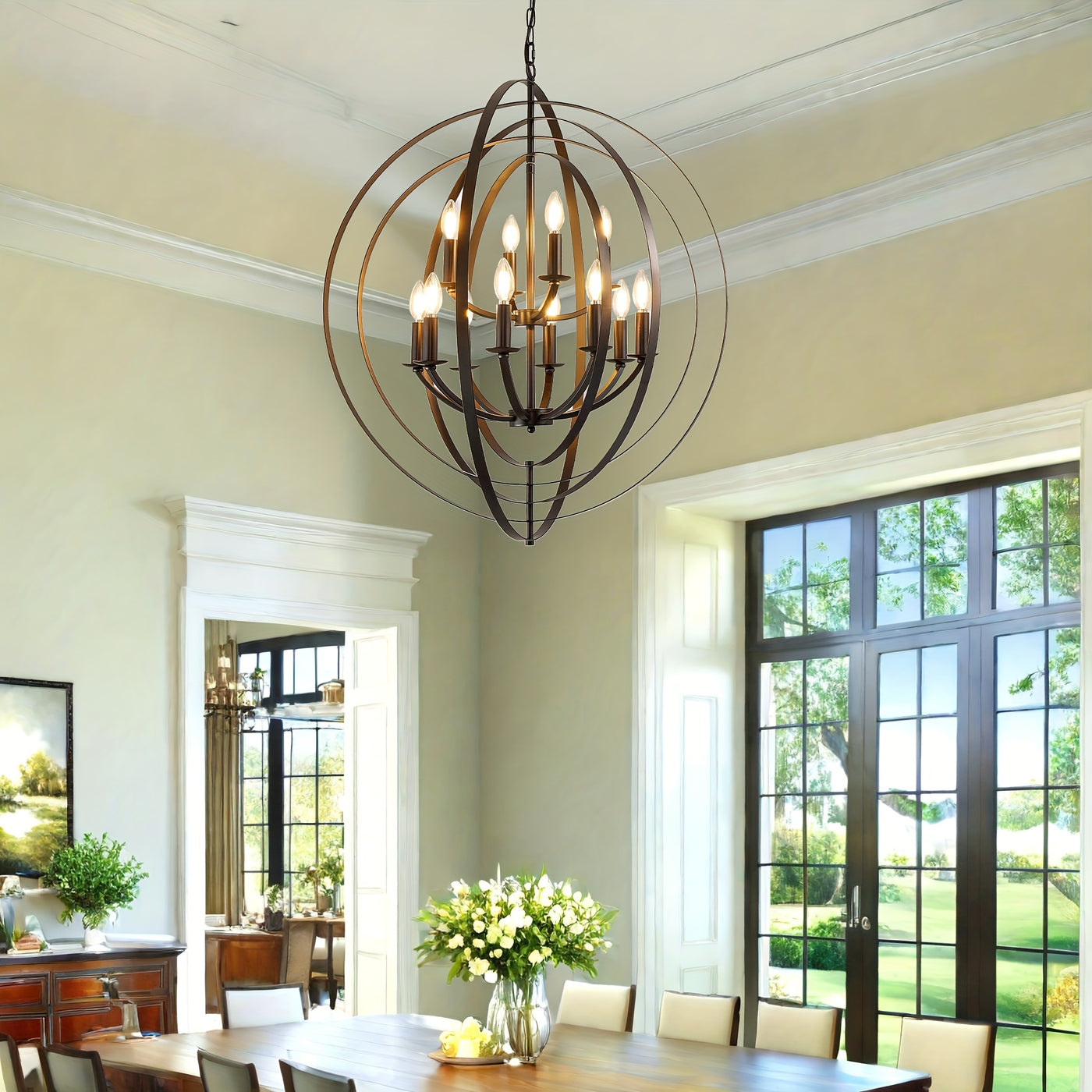 12-Light Modern Farmhouse Chandelier - 31.5" Black Round Pendant Light Fixture for High Ceilings, Adjustable Height (32"-90"), E12 Bulb Compatible, Entryway, Kitchen Island, Staircase & Foyer Lighting, Versatile Lighting Fixt