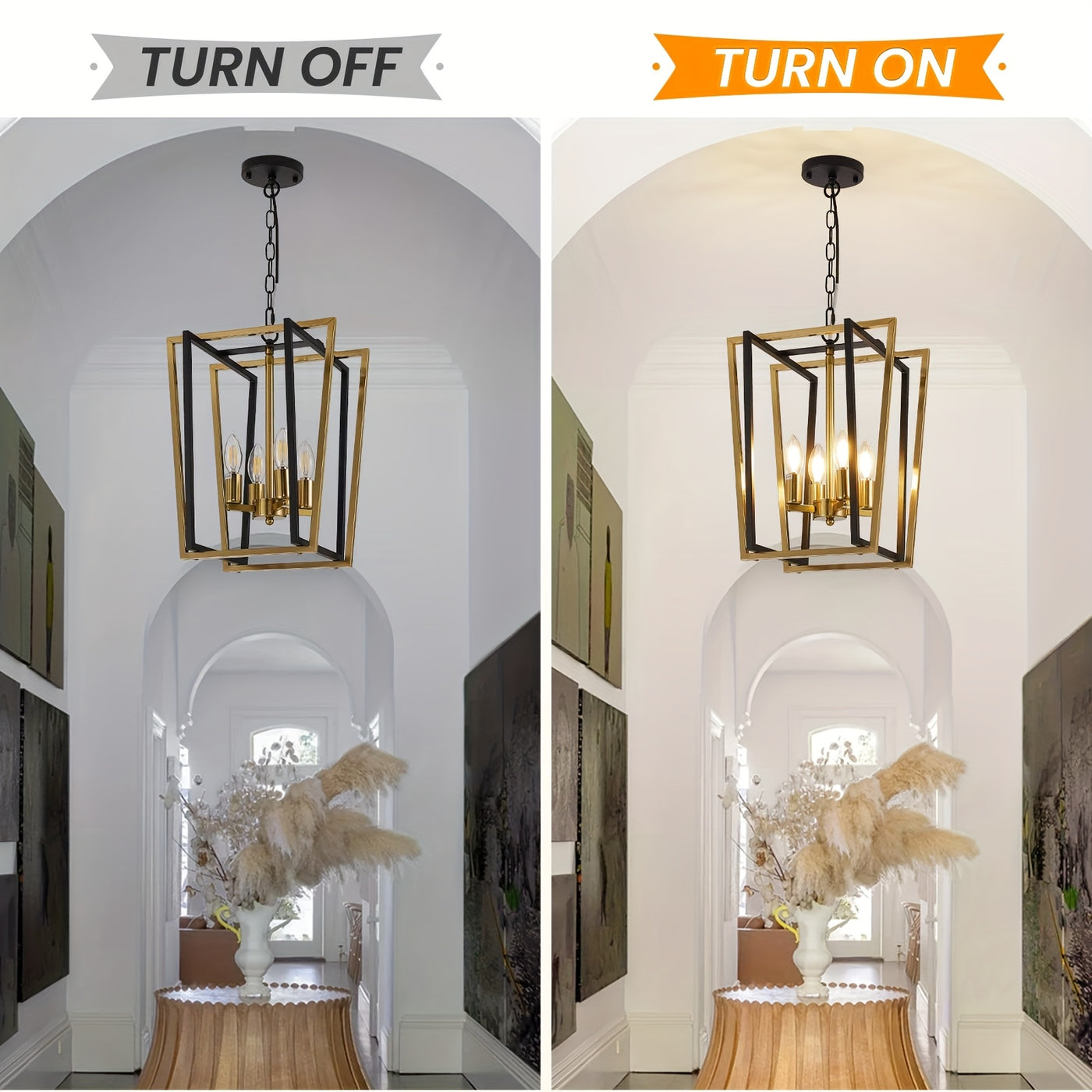 4-Light Adjustable Height Chandelier, Modern Farmhouse Geometric Metal Pendant Light Fixture with Polished Golden Finish & Rust-Resistant Powder Coating, E12 Base for Kitchen Island, Entryway, Foyer, Dining Room, Chandeliers