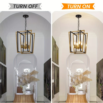 4-Light Adjustable Height Chandelier, Modern Farmhouse Geometric Metal Pendant Light Fixture with Polished Golden Finish & Rust-Resistant Powder Coating, E12 Base for Kitchen Island, Entryway, Foyer, Dining Room, Chandeliers
