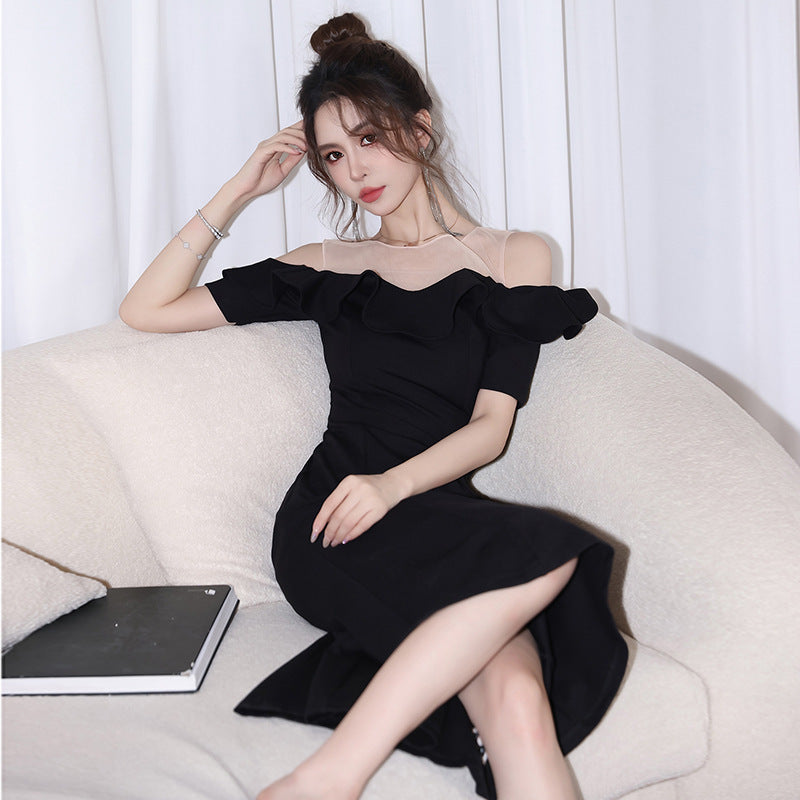 Net Falbala Stitching Black Dress Temperament
