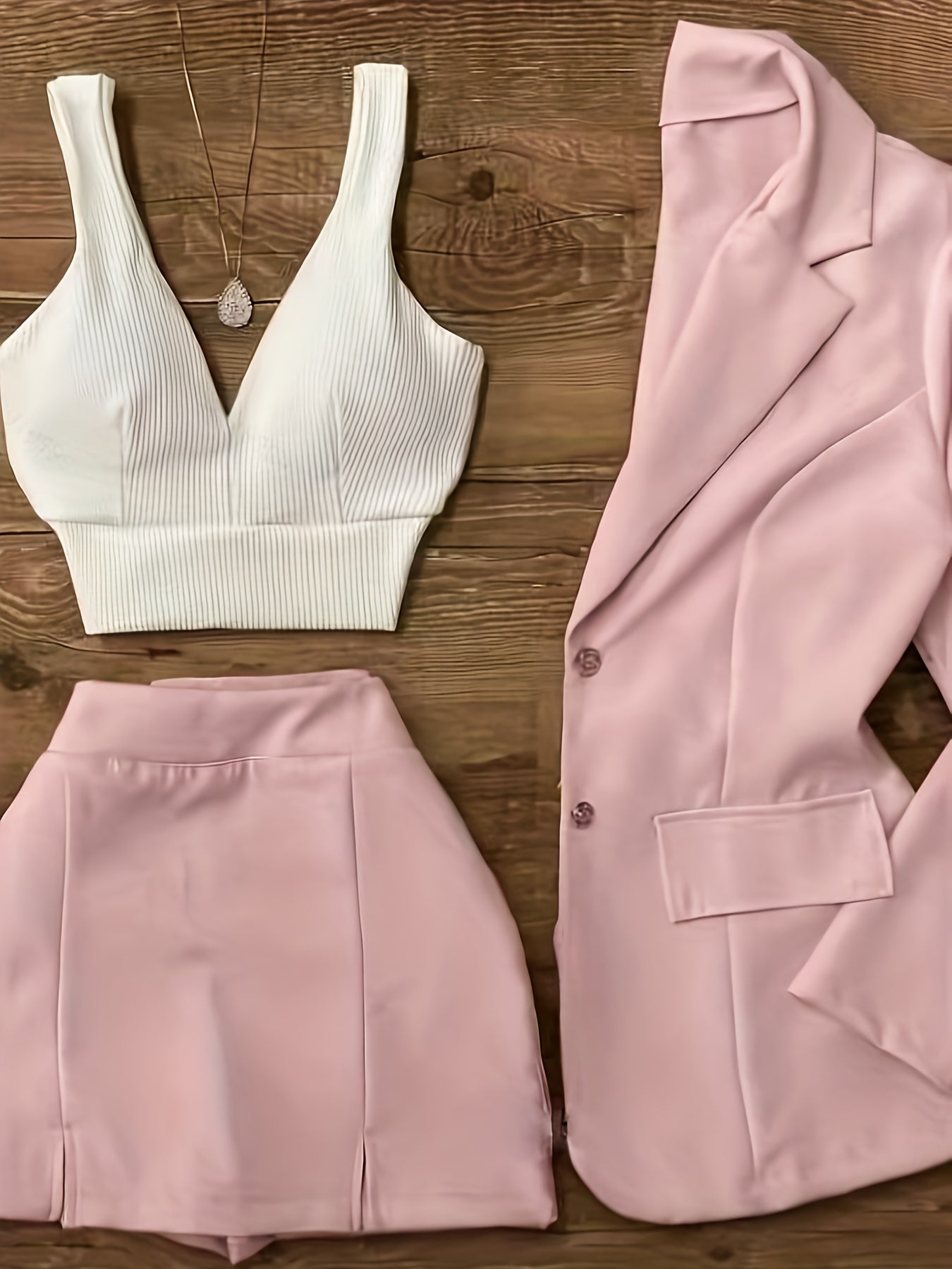 Chic V-Neck Crop Top, Versatile Pants Skirt & Long Sleeve Blazer Three-Piece Set - Polyester Blend, Solid Color, Pockets, Perfect for Spring/Summer, Chic Outfit