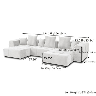 144" Modern White Linen Modular Sectional Sofa with 2 Ottomans - 3-Seater L-Shaped or U-Shaped Configurations, Plush Cushioned Deep Seat, Hardwood Frame & Chenille Fabric, Removable Washable Cover, Neutral-Toned Living Room C