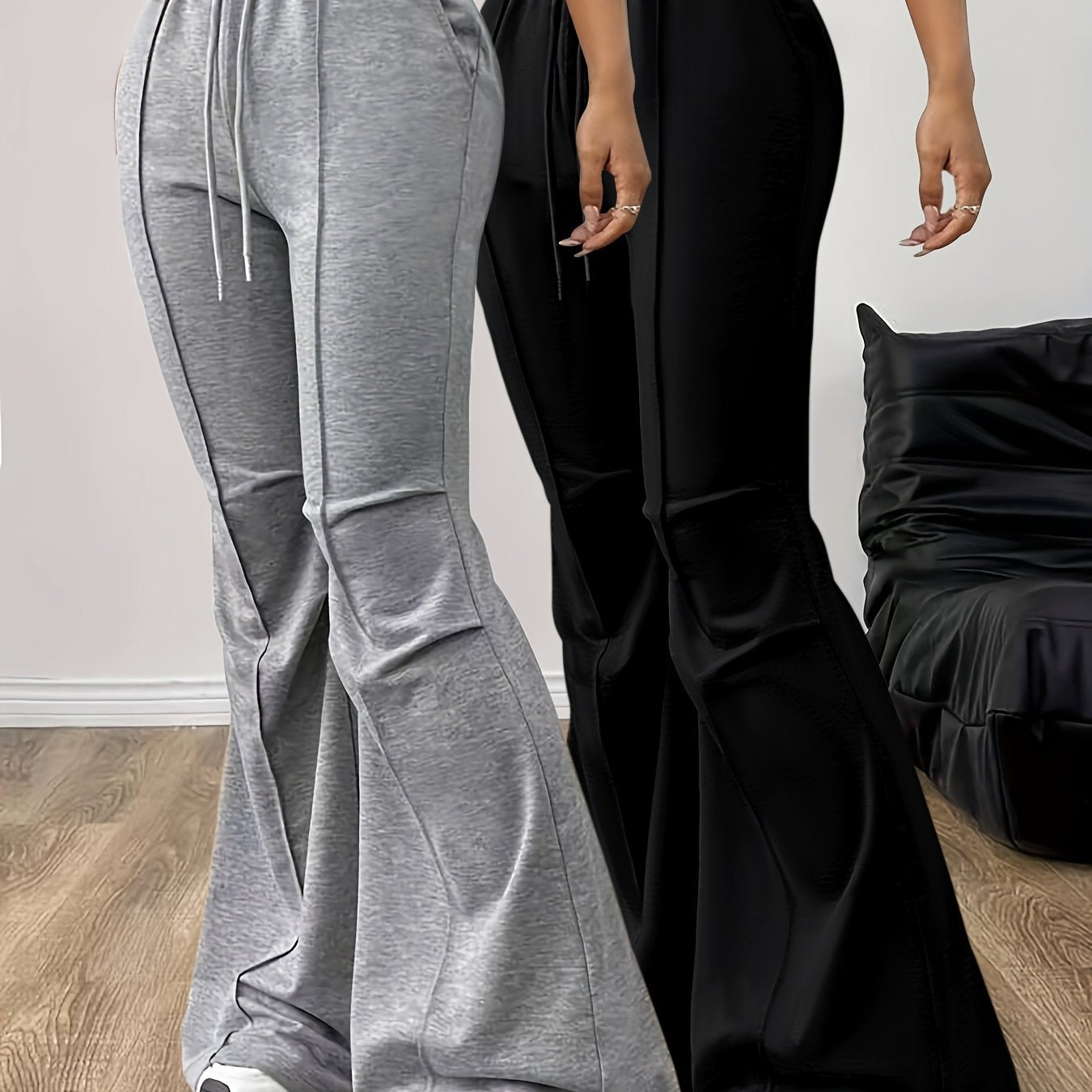 Solid Color Casual Pants Set, High Waist Drawstring Flare Pants Outfit for Women