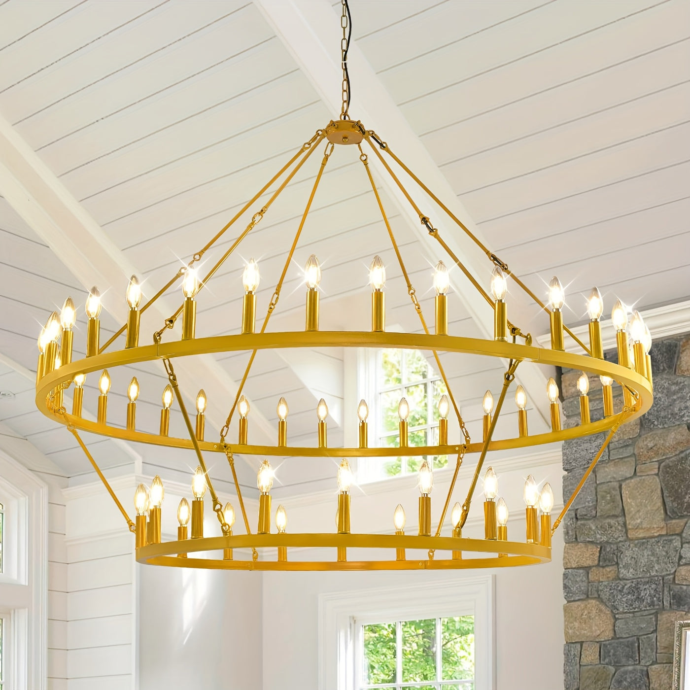 Modern Farmhouse Chandelier 2 Tier Round Wheel Chandelier Large High Ceiling Light.