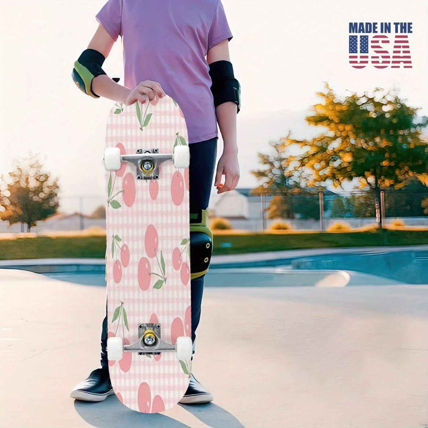 Women's Cute Cherry Blossom Skateboard with Heart Cutouts & Smooth Edges - Pastel Pink & White Checkered Grip Tape, White Trucks, Pink Wheels - All Skill Levels, Ideal for Beginners & Holiday Gifts (Girls' Street Skateboard)