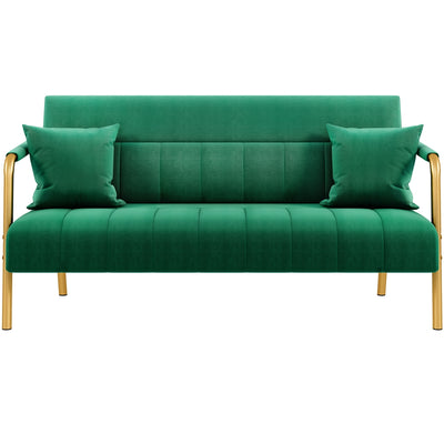 Costoffs Velvet Fabric Sofa Couch, 56.5″ W Modern Loveseat Couch with Gold-tone Metal Arms, Legs & 2 Pillows, Sofa for Living Room, Bedroom Furniture, Halloween Gift, Pink/Green/Gray