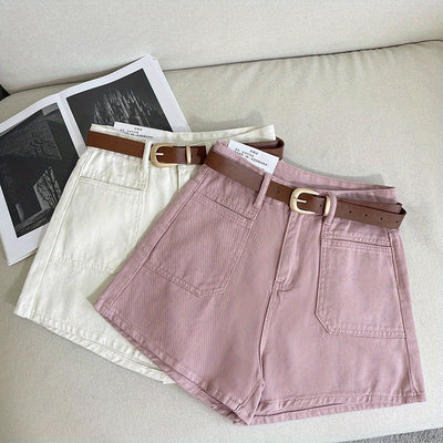 Women's High-Waisted A-Line Denim Shorts - Summer 2024 Fashion, Versatile Korean Style Wide-Leg Hot Pants, White & Pinkish-Beige Jean Shorts with Adjustable Belt, Casual Streetwear for Women, Adjustable Fit Shorts | Buckle De