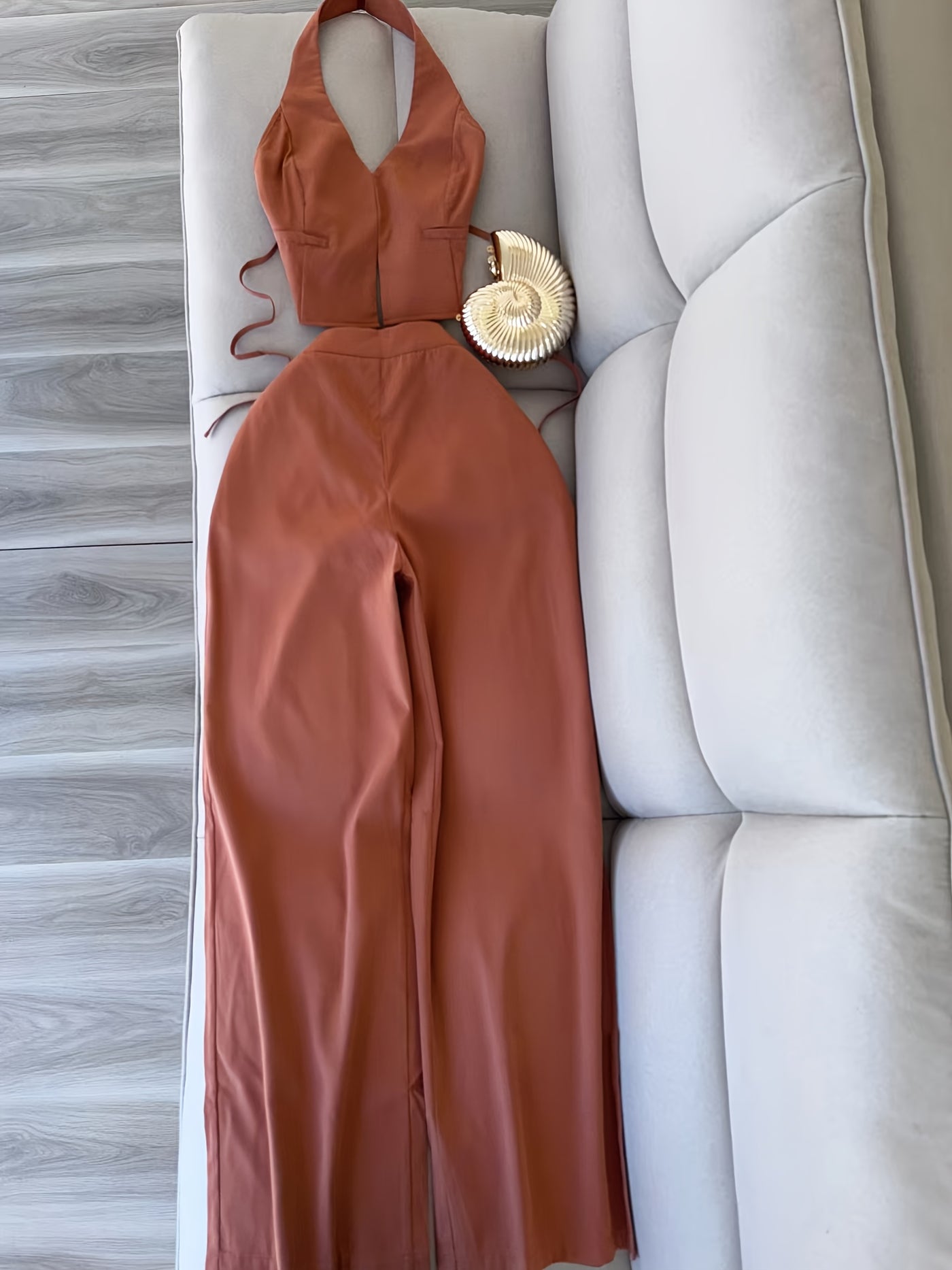 Solid Color Halter Neck Crop Top + Wide Leg Pants 2pcs Set