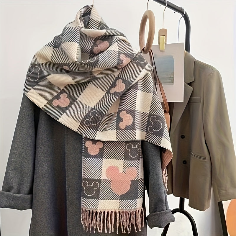 1pc Elegant Polyester Scarf for Women - Double-Sided Heart Check Pattern, Korean Tassel, Warm Shawl, Thick Versatile Wrap, Windproof, Decorative, Non-Elastic, Jacquard and Printed Design, Suitable for Mature Occasions