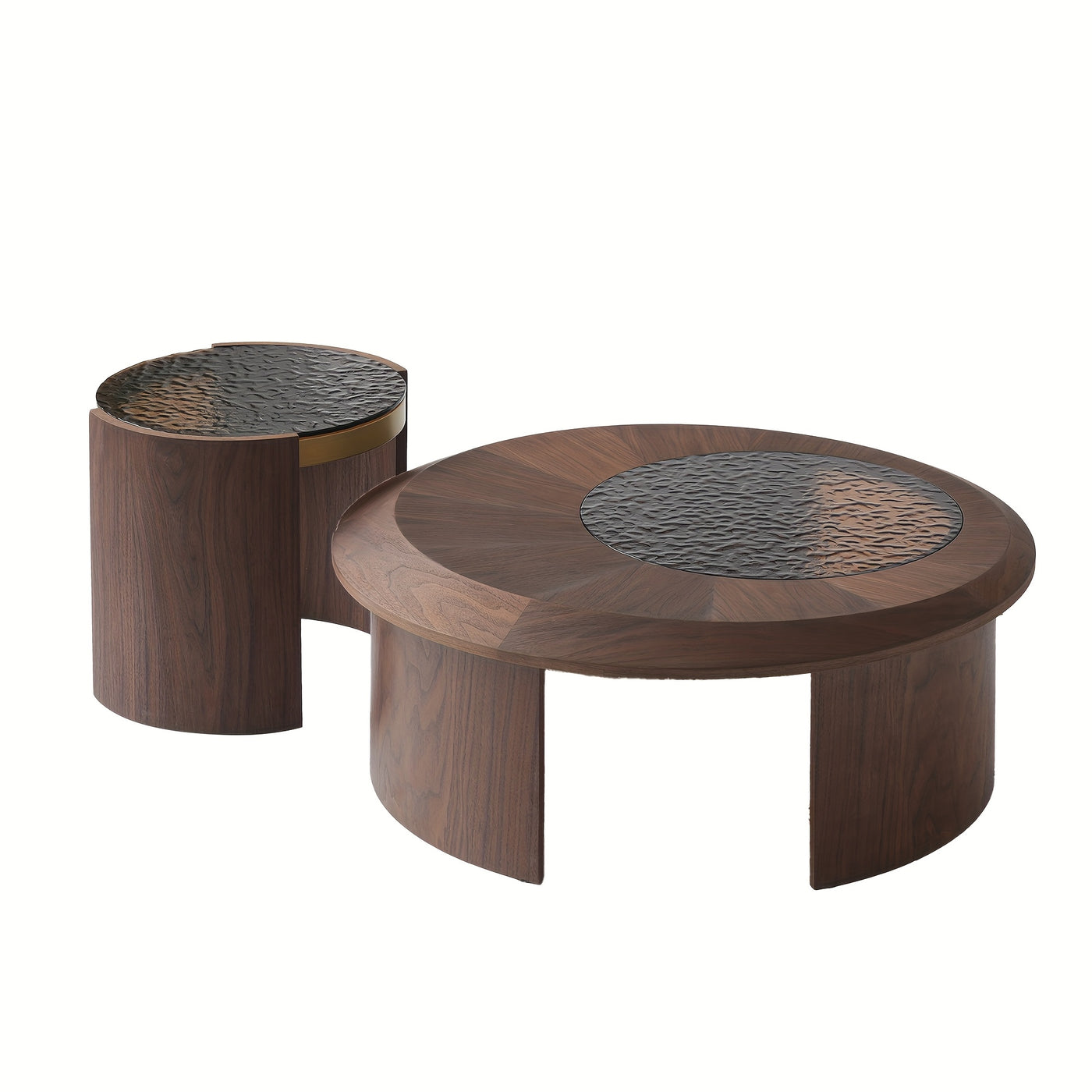 35, 43" Round Nesting Coffee Table Set 2, Mid Century Modern CoffeeTable Round Coffee Table, Walnut & Temper Glass Surface, Round Center Coffee Table for Living Room/Farmhouse/Office/Studio, Living Room Decor, Farmhouse Style