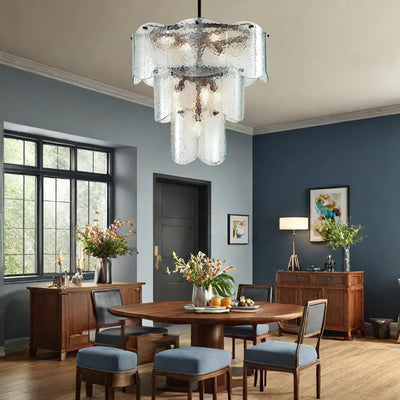24" Modern Golden Chandelier with 8 Light Bulbs - Adjustable Round Glass Pendant for Dining Room, Kitchen Island, or Farmhouse Decor, Rustic Lighting Fixture with Polished Metal Finish, E12 Base, Compatible with LED/CFL Bulbs