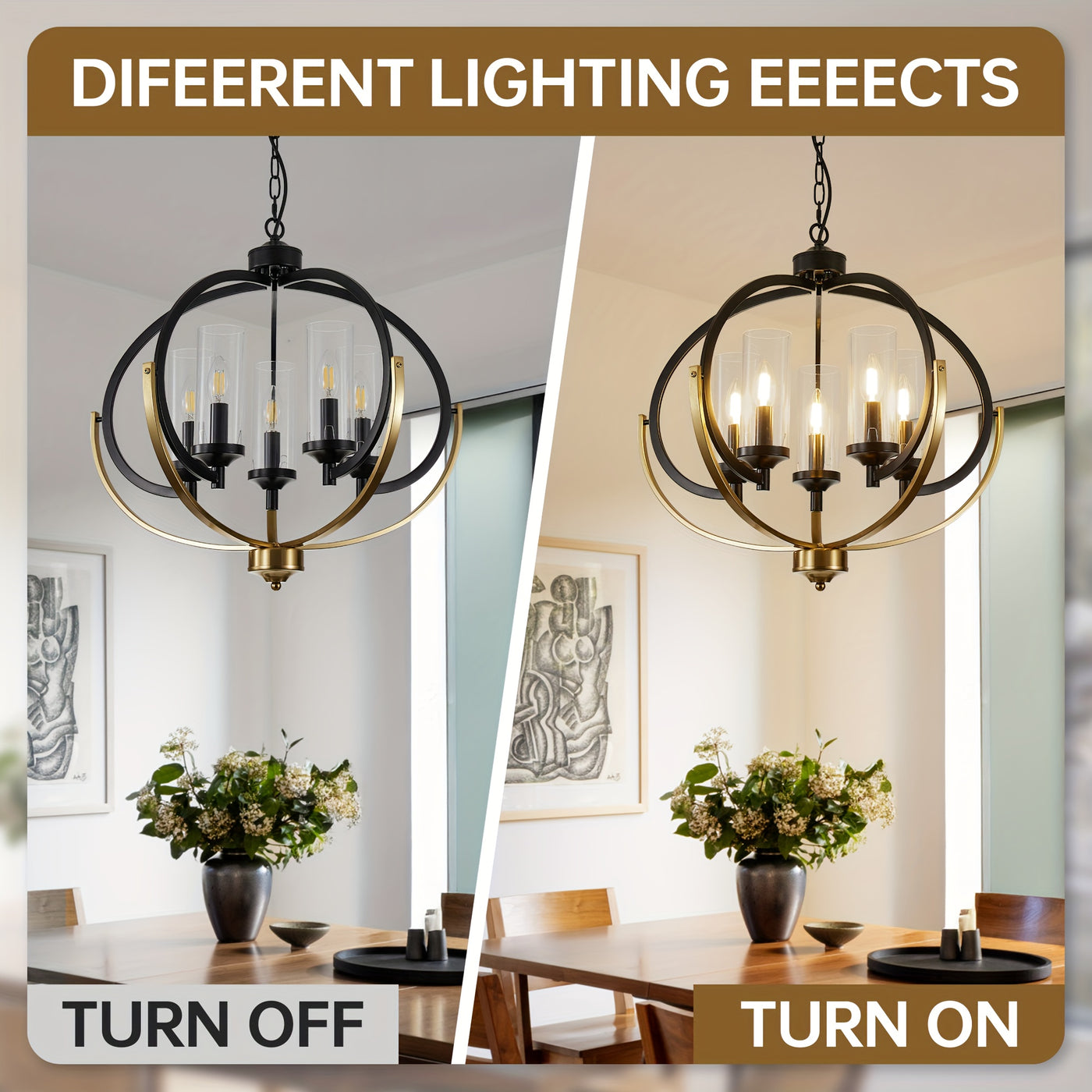 5-Light Black And Golden Chandelier, 24" Farmhouse Dining Room Light Fixture, Adjustable Hanging Ceiling Lantern Pendant Light, with Glass Shade Globe Chandeliers, for Kitchen, Bedroom, Foyer, Chandelier For Dining Room, Chan
