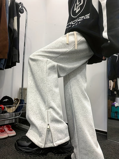 Men'S Casual Straight Leg Pants with Side Zipper, All-Season Korean Style Loose Fit, Slimming Polyester 100% Woven Fabric, 160gsm Lightweight, Regular Length, for Teens - Vibe American Trendy Split Ankle Trousers