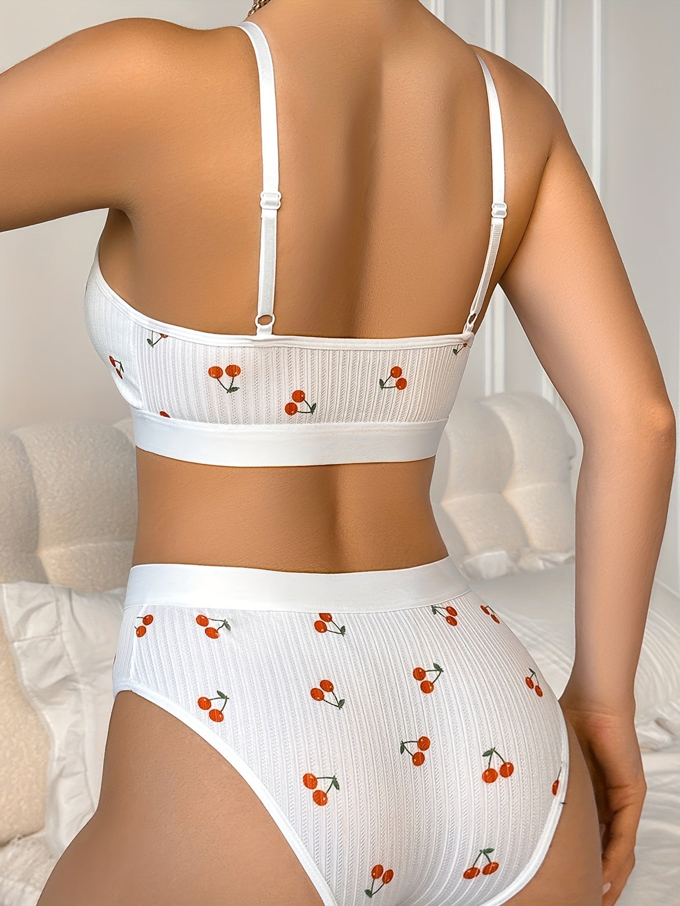 Women's White Cherry Print Wire-Free Sports Underwear Set - Soft Breathable Low-Rise Bikini Briefs & Matching Panty, Cute Fruit Pattern Comfortable Casual Attire, Lightweight Summer Activewear for Women