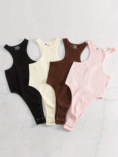 4pcs Seamless Women's Bodysuit Off-the-shoulder Slim Fit Yoga Ribbed Sports Casual Sleeveless Jumpsuit Romper Women's Activewear