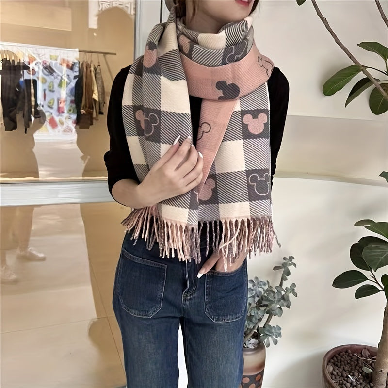 1pc Elegant Polyester Scarf for Women - Double-Sided Heart Check Pattern, Korean Tassel, Warm Shawl, Thick Versatile Wrap, Windproof, Decorative, Non-Elastic, Jacquard and Printed Design, Suitable for Mature Occasions