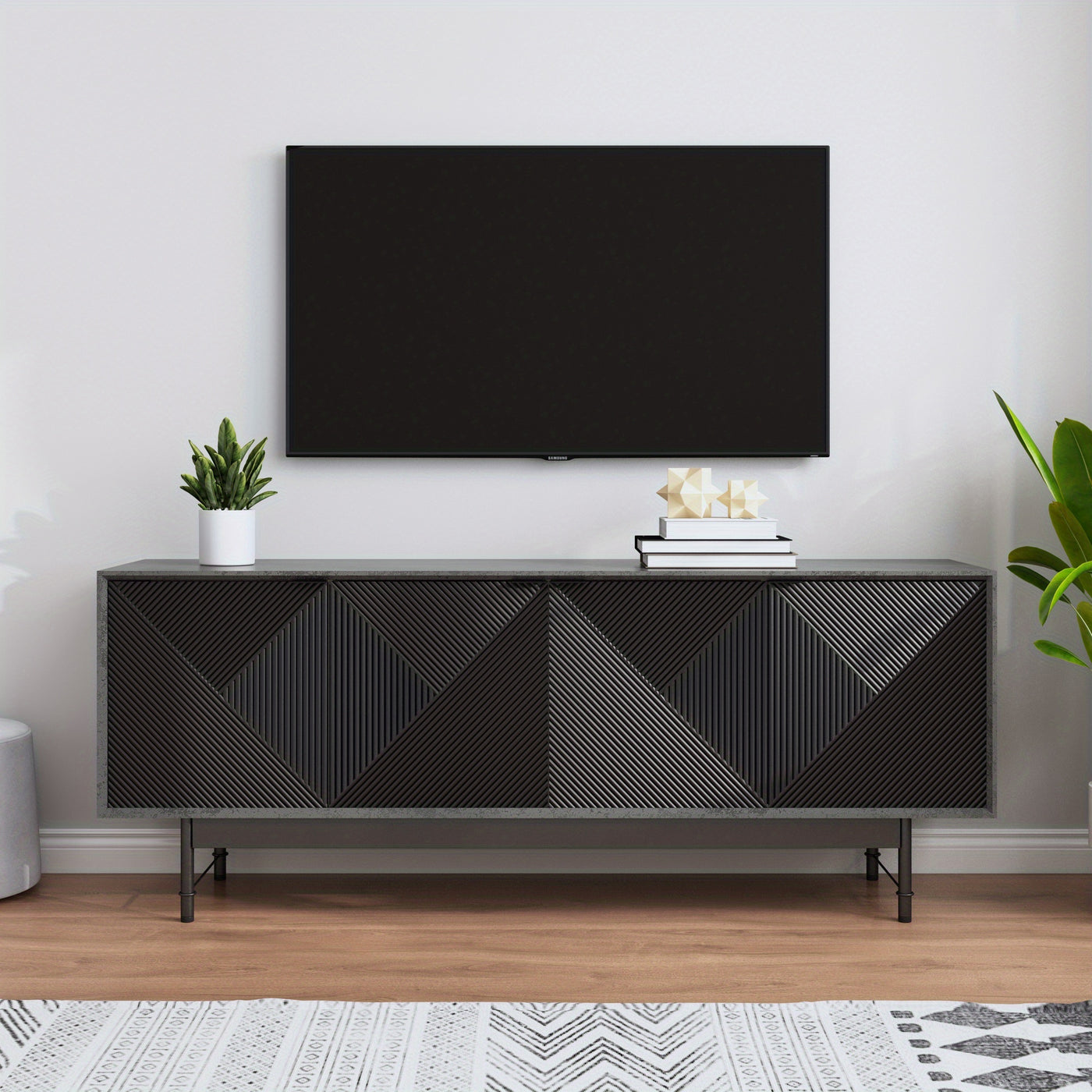 66" Modern TV Stand with Storage Cabinet - Mid-Century Modern Design, Black Artificial Wood & Metal Frame, 3, 2+ Cubic Feet Storage, 27" Height, Fits 55/60/65 Inch TVs, Easy Assembly for Living Room, Tv Table for Living Room,
