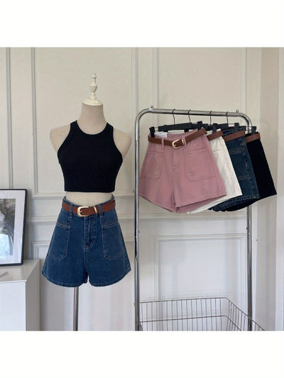 Women's High-Waisted A-Line Denim Shorts - Summer 2024 Fashion, Versatile Korean Style Wide-Leg Hot Pants, White & Pinkish-Beige Jean Shorts with Adjustable Belt, Casual Streetwear for Women, Adjustable Fit Shorts | Buckle De