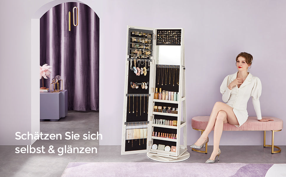 360 ° Rotatable jewelry storage Lockable Jewelry Cabinet Mirror Cabinet with Full Body Mirror