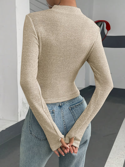 Women'S Elegant Long Sleeve Slim Fit T-Shirt, Polyester 100%, High Neck Solid Color Knit Fabric, Regular Length for Spring/Fall - 230g/m²