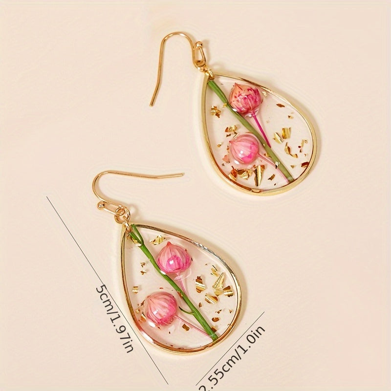 Japanese And Korean Fresh Sweet Epoxy Leaves Preserved Fresh Flower Earrings Elegant Exquisite Drop-Shaped Red Dried Flower High-Grade Earrings