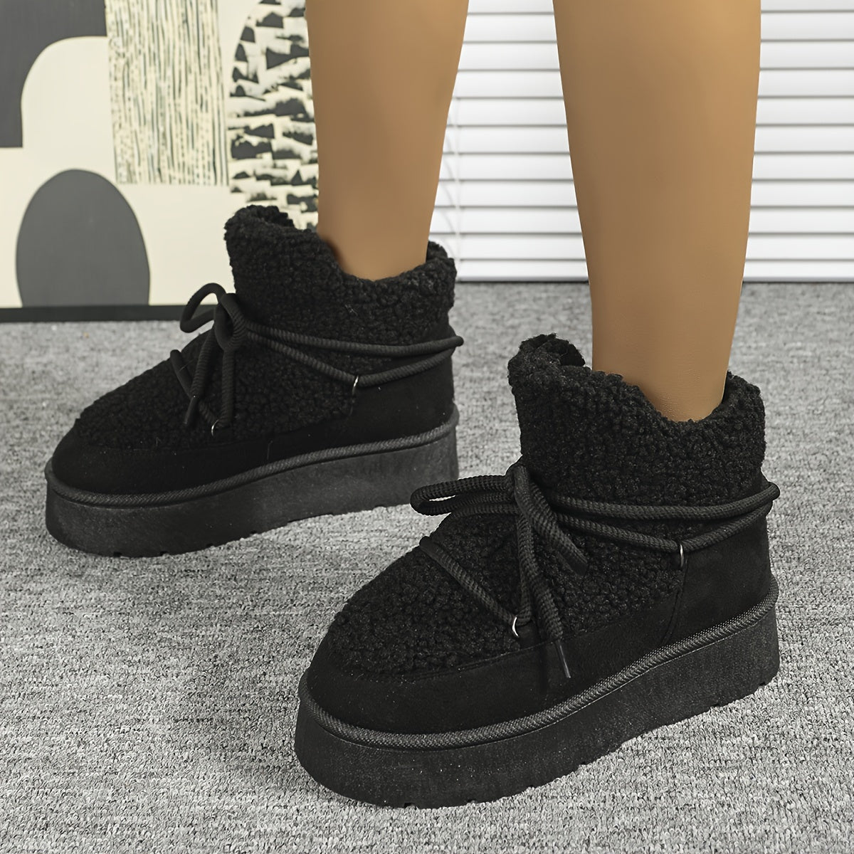 [Coldweather Ready] Women's Cozy Fleece-Lined Winter Snow Boots - Stylish Thick Sole Lace-Up Ankle Boots with Fluffy Fur Trim, Perfect for Cold Weather, Winter Boots