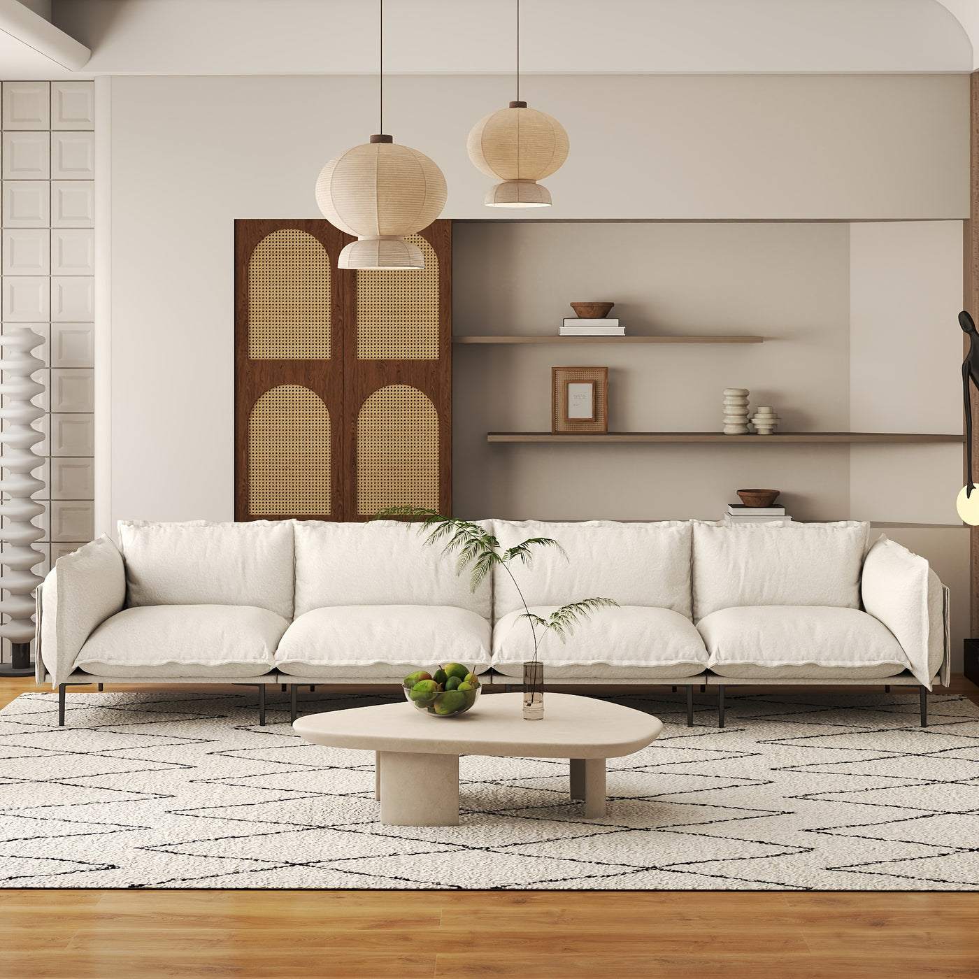 Modern Minimalist 4-Seater Modular Sectional Sofa - 147" Deep Seat Cloud Couch with Plush Chenille Upholstery, Hardwood Frame & Cushioned Backrest, White Fabric for Living Room, Bedroom, Office - No Assembly Required, Section